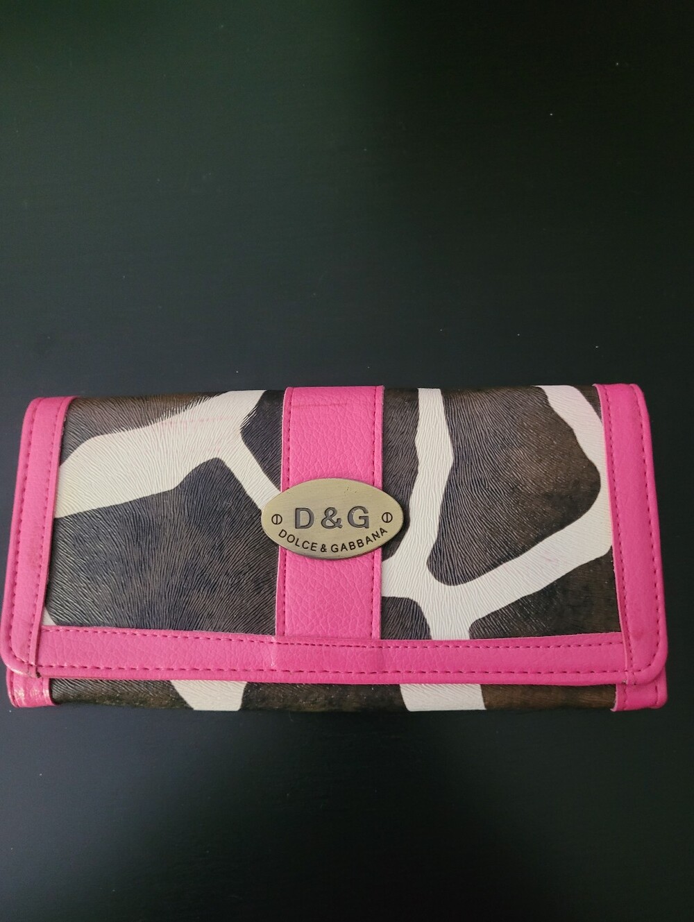 Dolce & Gabbana Black & White Cow Print Wallet with Pink Trim